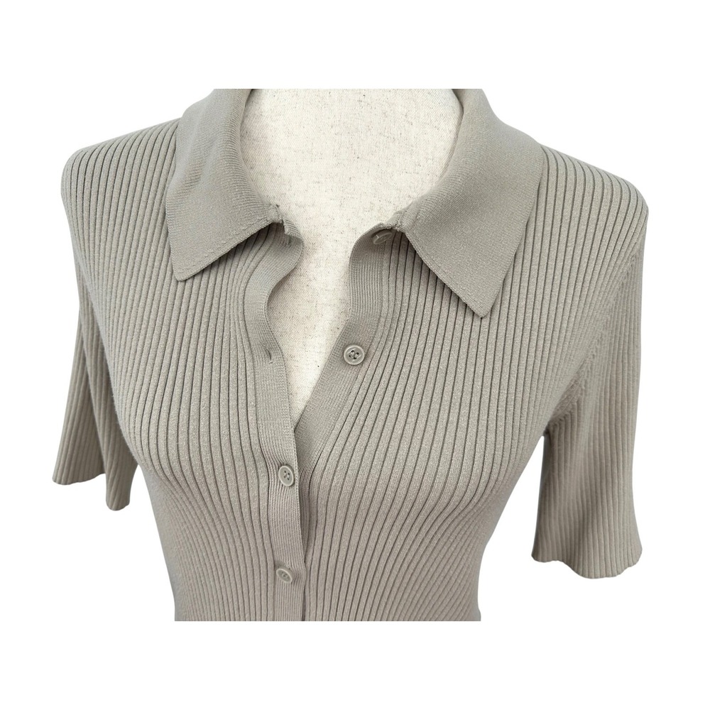 H&M Khaki Tan Ribbed Button Front Short Sleeve Cropped Knit Top Women's Medium - Picture 2 of 10